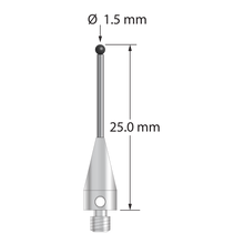 M3 XXT stylus with 1.5 mm diameter silicon nitride ball, 1.0 mm diameter carbide stem, and 5.0 mm diameter x 11.0 mm long titanium base. Overall stylus length is 25.0 mm. Stylus weight is 0.69 gram. Compare to Zeiss 626103-0145-025.