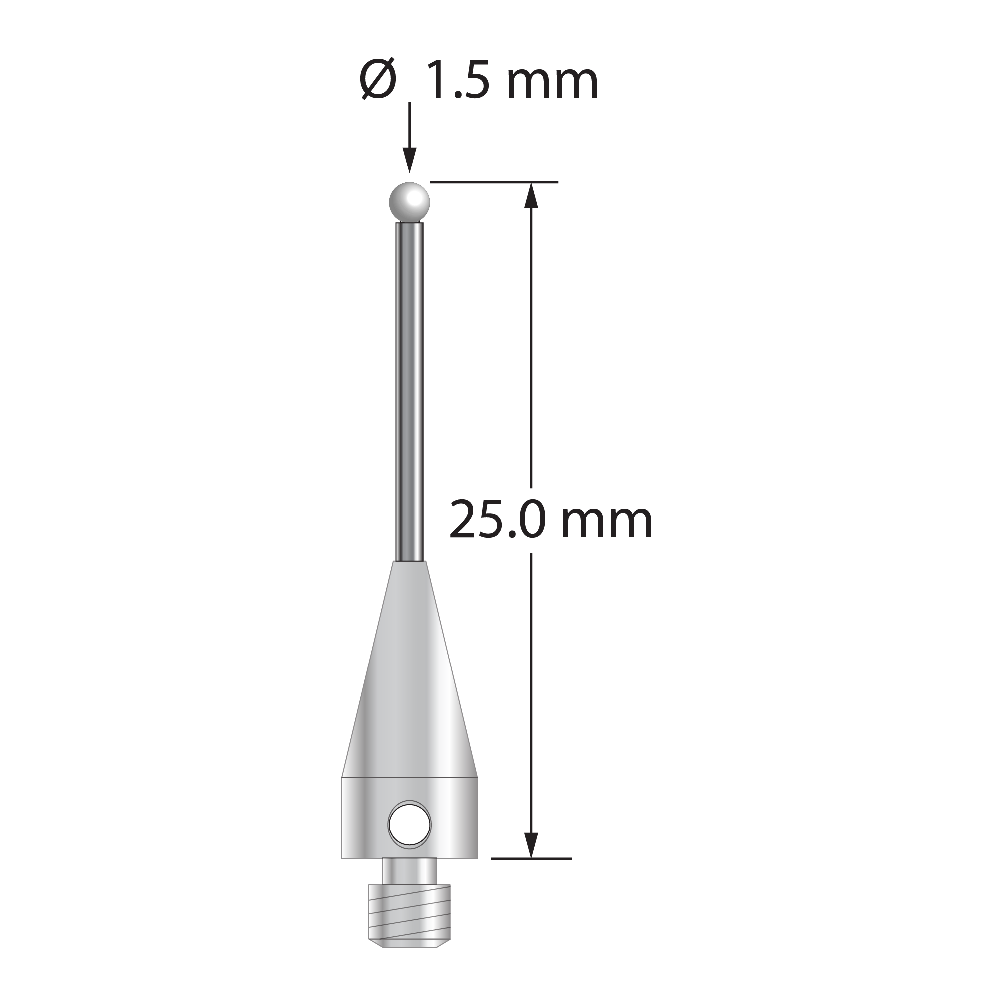 M3 stylus with 1.5 mm diameter zirconia ball, 1.0 mm diameter carbide stem, and 5.0 mm diameter x 11.0 mm long titanium base. Overall stylus length is 25.0 mm. Stylus weight is 0.69 gram.