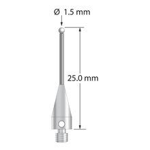 M3 stylus with 1.5 mm diameter zirconia ball, 1.0 mm diameter carbide stem, and 5.0 mm diameter x 11.0 mm long titanium base. Overall stylus length is 25.0 mm. Stylus weight is 0.69 gram.