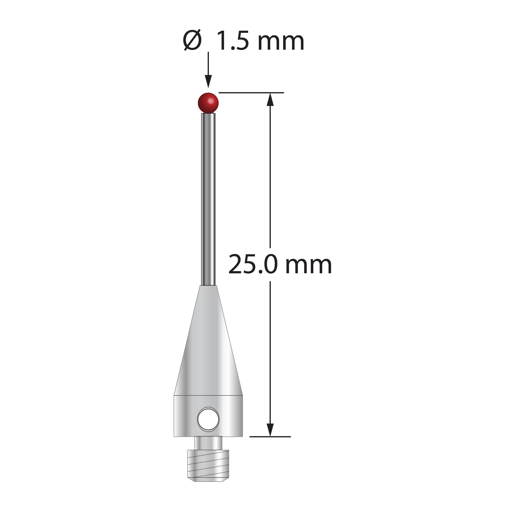 M3 XXT stylus with 1.5 mm diameter ruby ball, 1.0 mm diameter carbide stem, and 5.0 mm diameter x 11.0 mm long titanium base. Overall stylus length is 25.0 mm. Stylus weight is 0.69 gram. Compare to Zeiss 626113-0151-025.