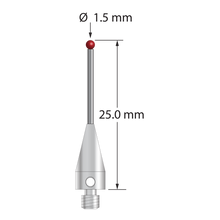M3 XXT stylus with 1.5 mm diameter ruby ball, 1.0 mm diameter carbide stem, and 5.0 mm diameter x 11.0 mm long titanium base. Overall stylus length is 25.0 mm. Stylus weight is 0.69 gram. Compare to Zeiss 626113-0151-025.