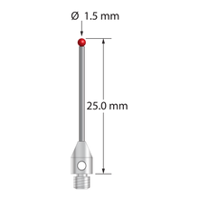 M3 stylus with 1.5 mm diameter ruby ball, 1.0 mm diameter carbide stem, and 4.0 mm diameter x 6.0 mm long stainless steel base. Overall stylus length is 25.0 mm. Stylus weight is 0.84 gram. Compare to Zeiss 626123-0144-025.