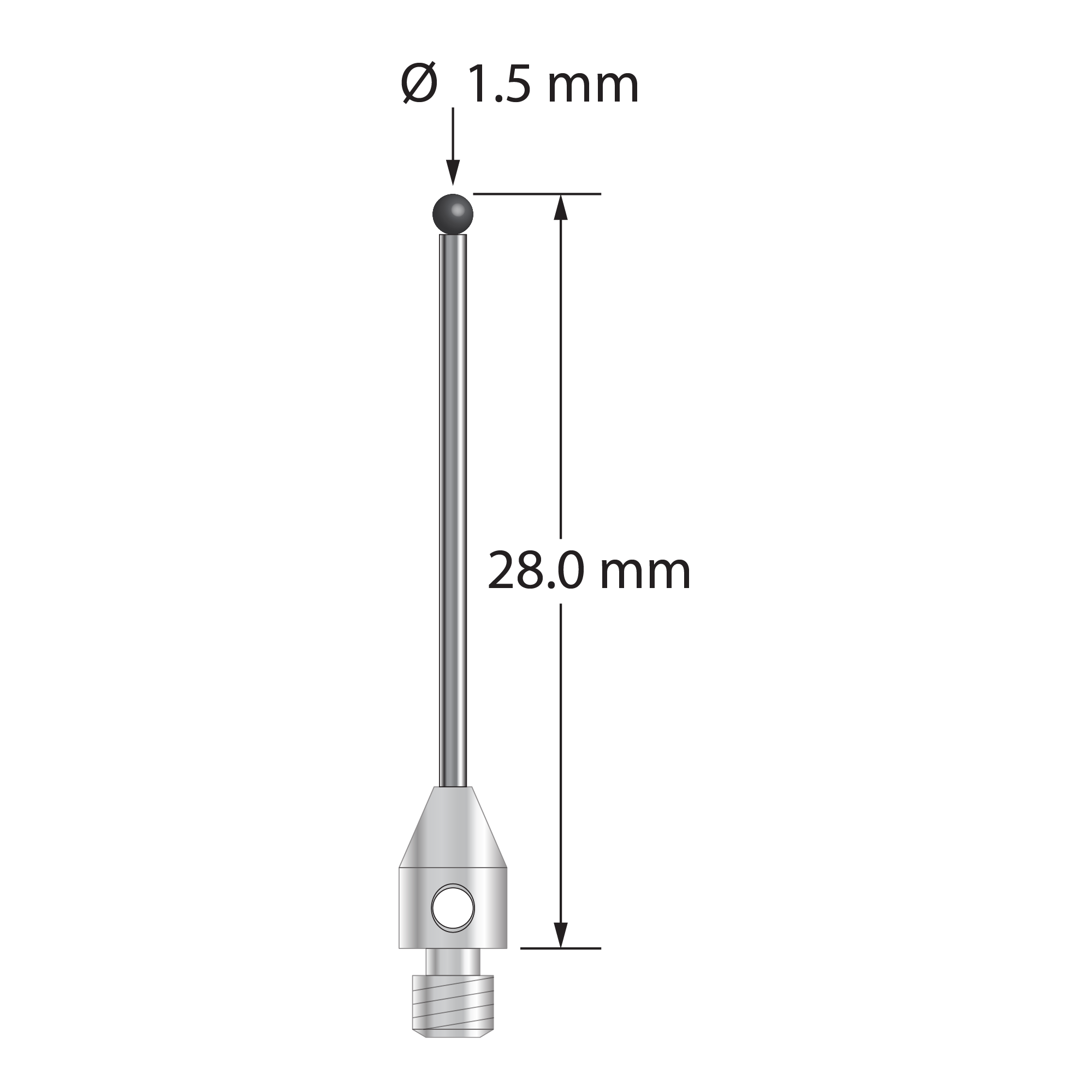 M3 stylus with 1.5 mm diameter silicon nitride ball, 1.0 mm diameter carbide stem, and 4.0 mm diameter x 6.0 mm long stainless steel base. Overall stylus length is 28.0 mm. Stylus weight is 0.69 gram. Compare to Zeiss 626123-0145-028.