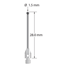 M3 stylus with 1.5 mm diameter silicon nitride ball, 1.0 mm diameter carbide stem, and 4.0 mm diameter x 6.0 mm long stainless steel base. Overall stylus length is 28.0 mm. Stylus weight is 0.69 gram. Compare to Zeiss 626123-0145-028.