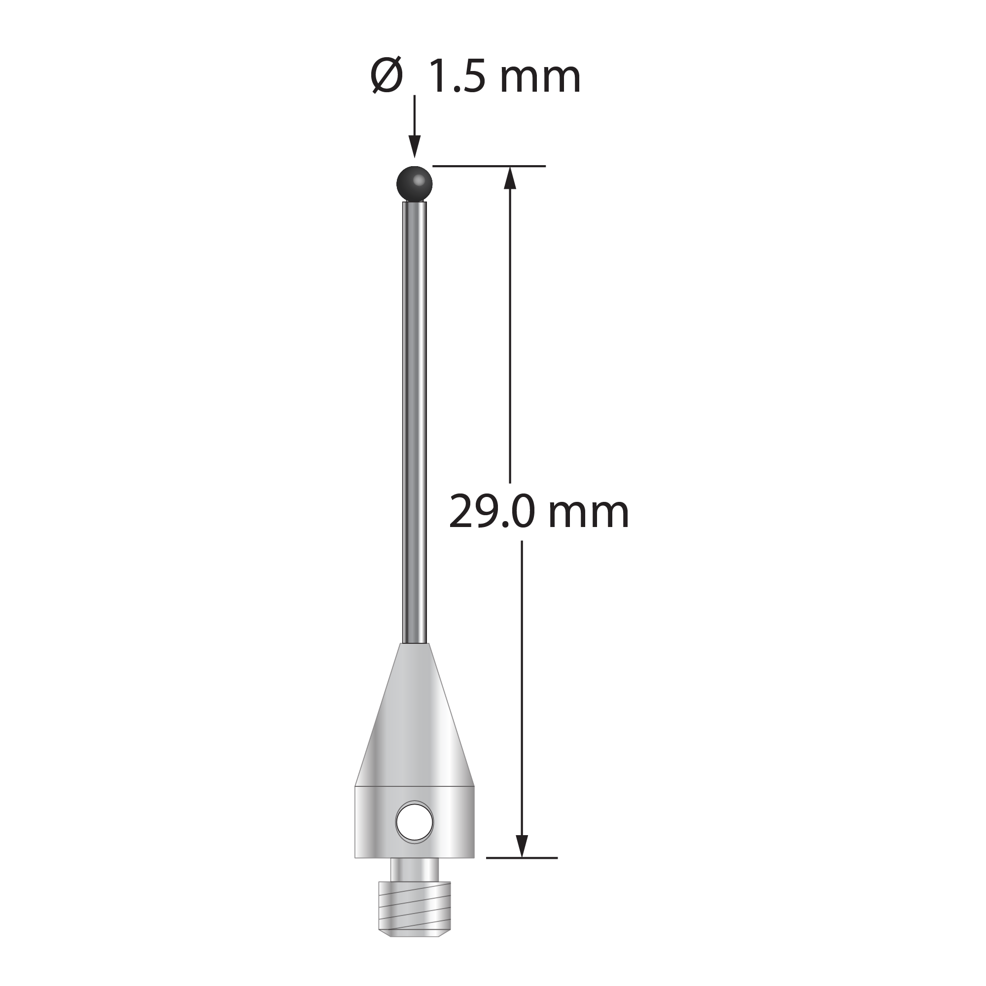 M3 XXT stylus with 1.5 mm diameter silicon nitride ball, 1.0 mm diameter carbide stem, and 5.0 mm diameter x 9.0 mm long titanium base. Overall stylus length is 29.0 mm. Stylus weight is 0.74 gram. Compare to Zeiss 626103-0145-029.