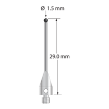 M3 XXT stylus with 1.5 mm diameter silicon nitride ball, 1.0 mm diameter carbide stem, and 5.0 mm diameter x 9.0 mm long titanium base. Overall stylus length is 29.0 mm. Stylus weight is 0.74 gram. Compare to Zeiss 626103-0145-029.