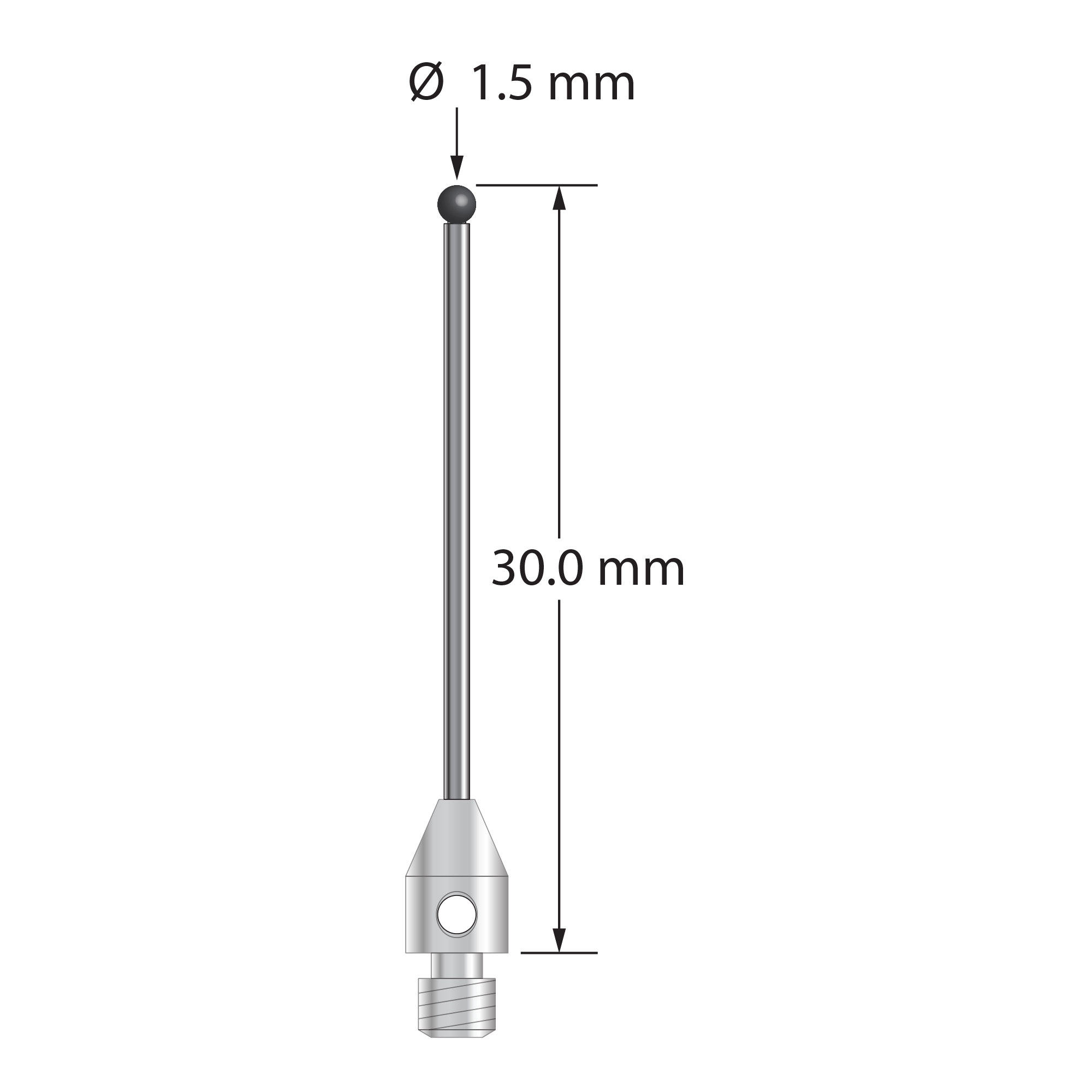 M3 stylus with 1.5 mm diameter silicon nitride ball, 1.0 mm diameter carbide stem, and 4.0 mm diameter x 6.0 mm long stainless steel base. Overall stylus length is 30.0 mm. Stylus weight is 0.78 gram. Compare to Zeiss 626123-0145-030.