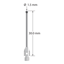 M3 stylus with 1.5 mm diameter silicon nitride ball, 1.0 mm diameter carbide stem, and 4.0 mm diameter x 6.0 mm long stainless steel base. Overall stylus length is 30.0 mm. Stylus weight is 0.78 gram. Compare to Zeiss 626123-0145-030.