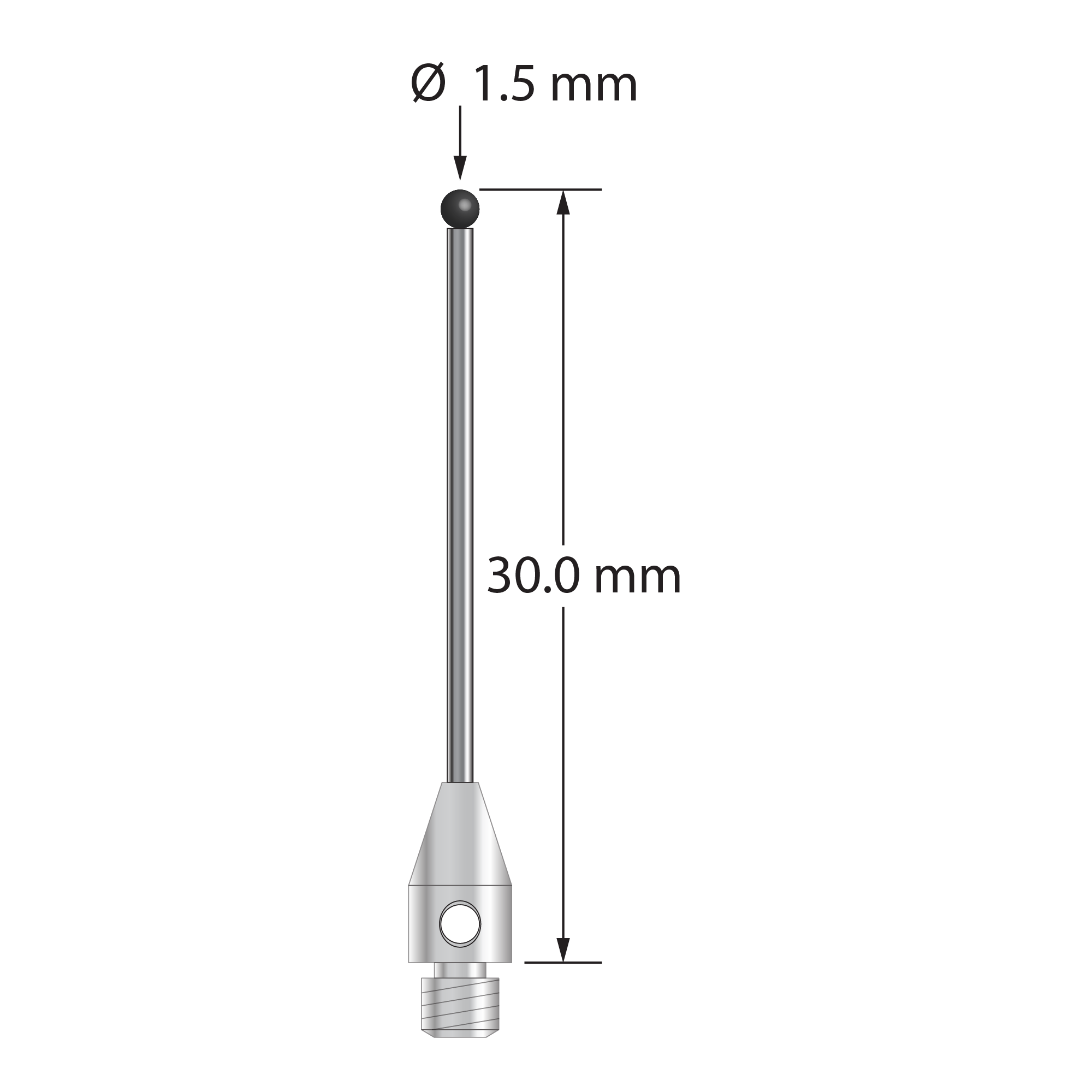 M3 stylus with 1.5 mm diameter silicon nitride ball, 1.0 mm diameter carbide stem, and 4.0 mm diameter x 7.0 mm long stainless steel base. Overall stylus length is 30.0 mm. Stylus weight is 0.90 gram. Compare to Zeiss 626113-0152-030.