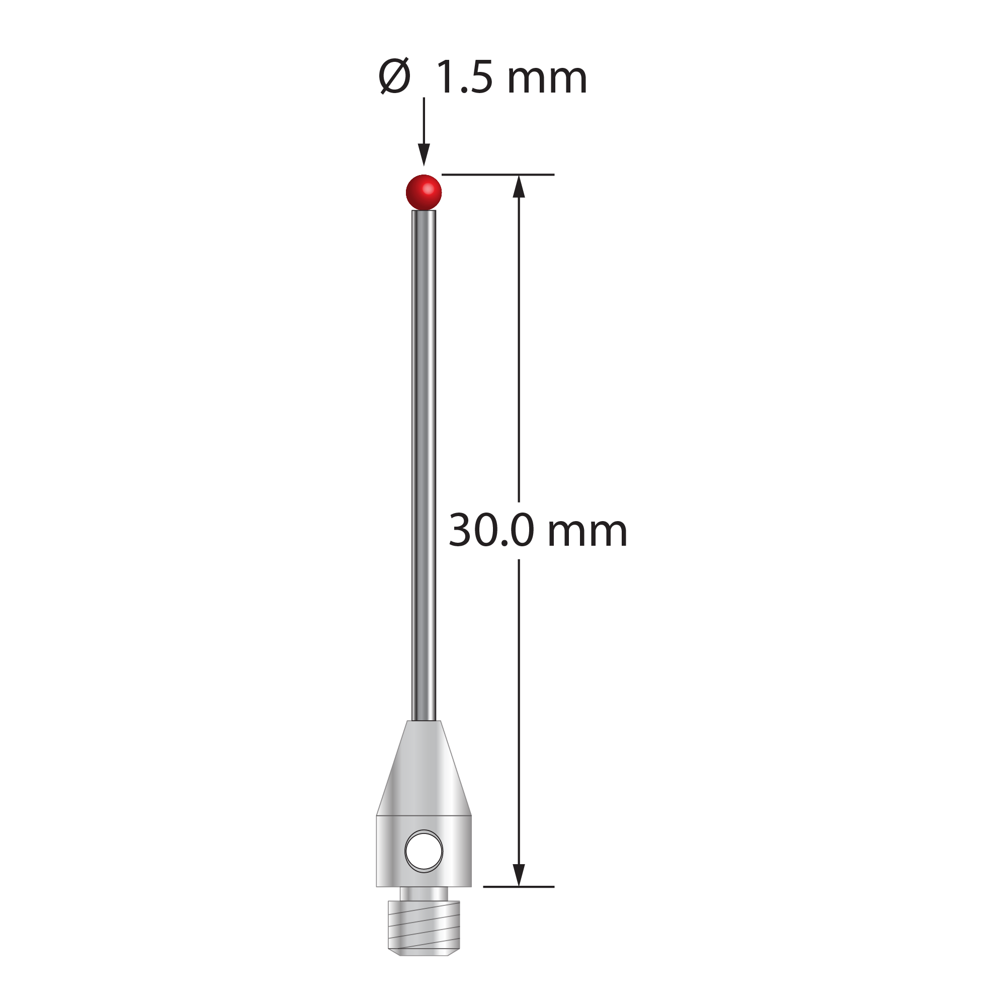 M3 stylus with 1.5 mm diameter ruby ball, 1.0 mm diameter carbide stem, and 4.0 mm diameter x 7.0 mm long stainless steel base. Overall stylus length is 30.0 mm. Stylus weight is 0.90 gram.