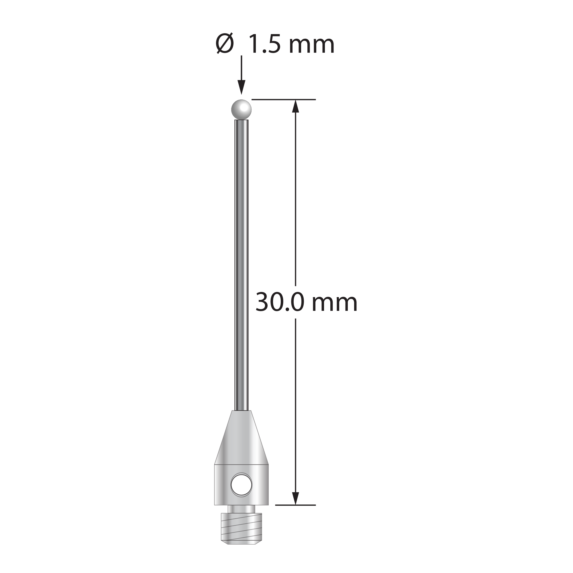 M3 stylus with 1.5 mm diameter zirconia ball, 1.0 mm diameter carbide stem, and 4.0 mm diameter x 8.0 mm long stainless steel base. Overall stylus length is 30.0 mm. Stylus weight is 0.90 gram.
