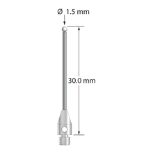 M3 stylus with 1.5 mm diameter zirconia ball, 1.0 mm diameter carbide stem, and 4.0 mm diameter x 8.0 mm long stainless steel base. Overall stylus length is 30.0 mm. Stylus weight is 0.90 gram.