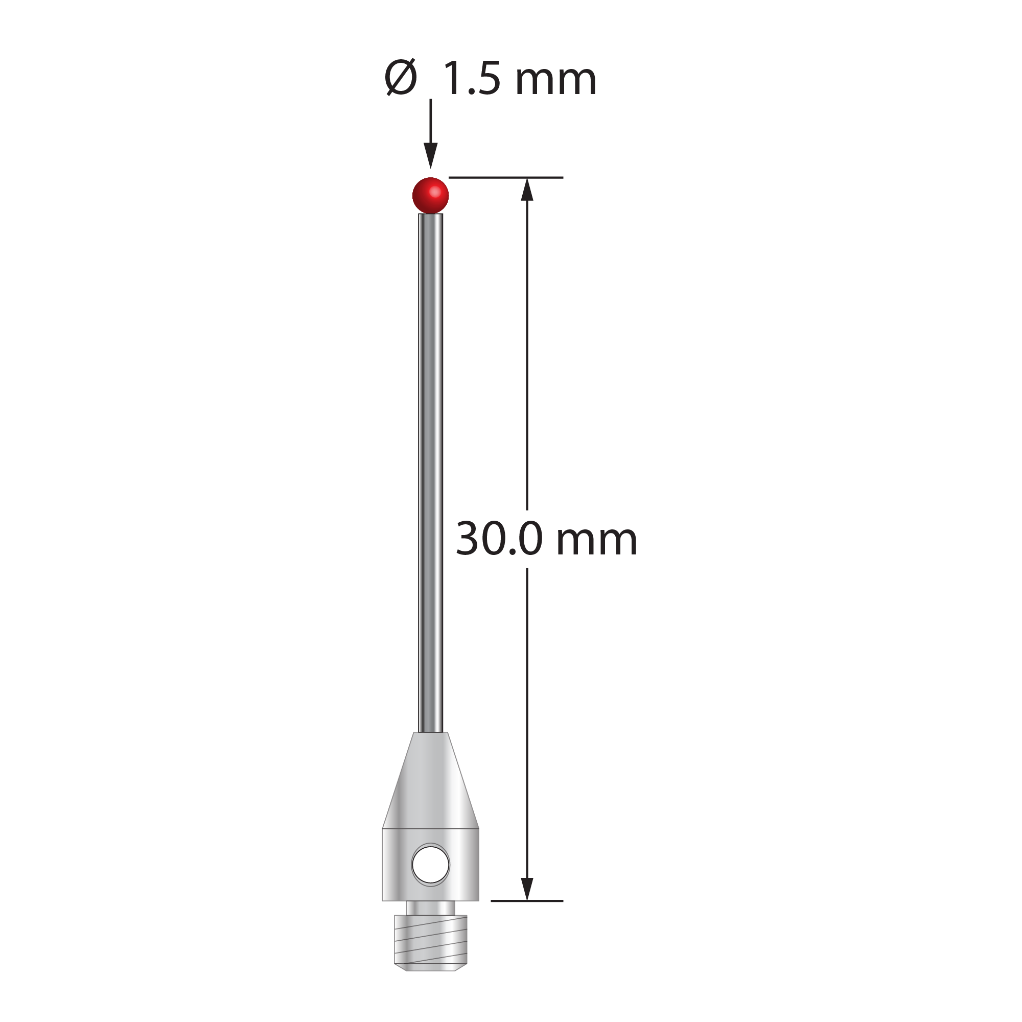 M3 stylus with 1.5 mm diameter ruby ball, 1.0 mm diameter carbide stem, and 4.0 mm diameter x 8.0 mm long stainless steel base. Overall stylus length is 30.0 mm. Stylus weight is 0.90 gram.