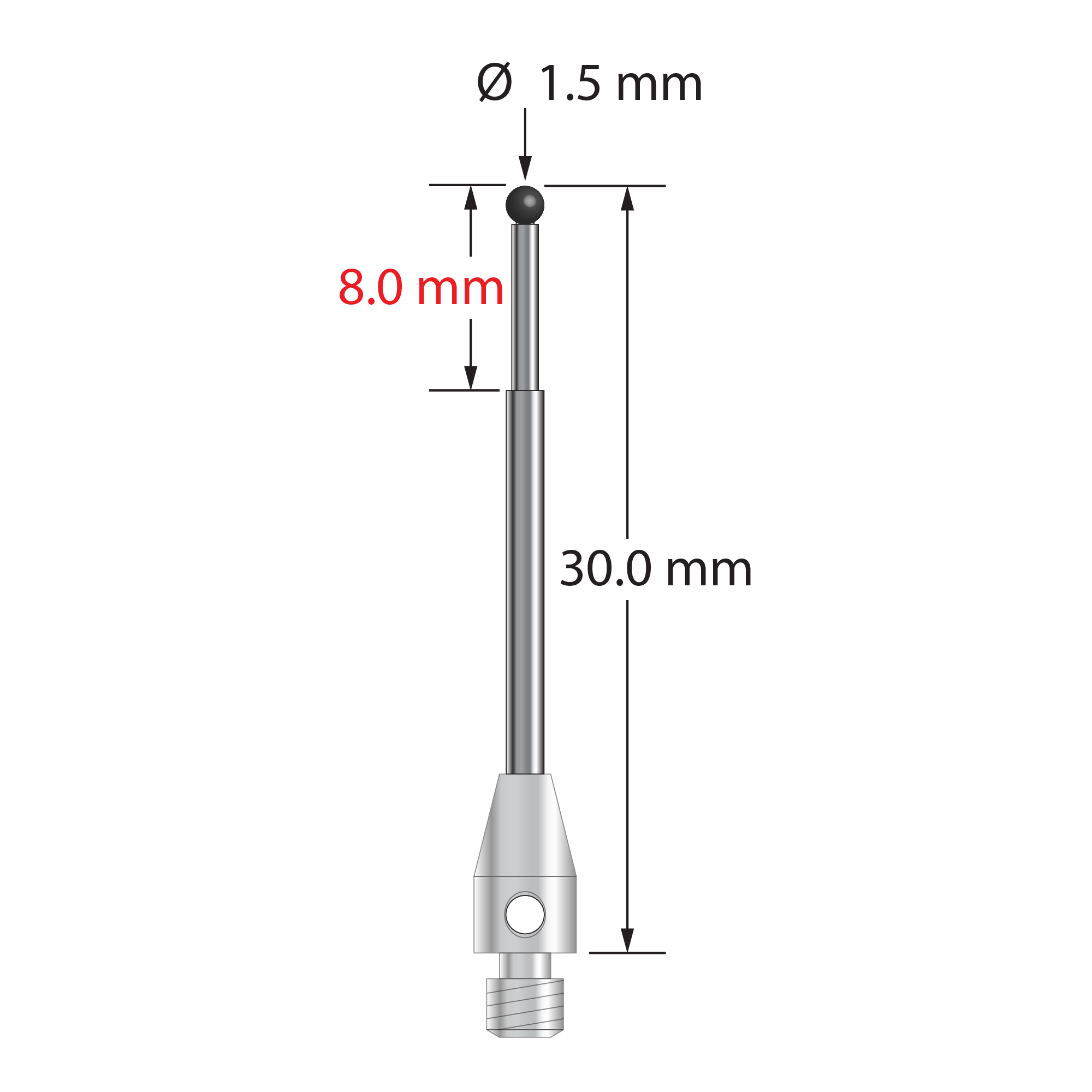 M3 stylus with 1.5 mm diameter silicon nitride ball, stepped carbide stem, and 5.0 mm diameter x 8.0 mm long stainless steel base. Minor stem diameter is 1.0 mm; major stem diameter is 1.5 mm. Overall stylus length is 30.0 mm. Stylus weight is 0.90 gram.