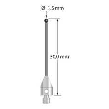 M3 XXT stylus with 1.5 mm diameter silicon nitride ball, 1.0 mm diameter carbide stem, and 5.0 mm diameter x 7.5 mm long titanium base. Overall stylus length is 30.0 mm. Stylus weight is 0.85 gram.