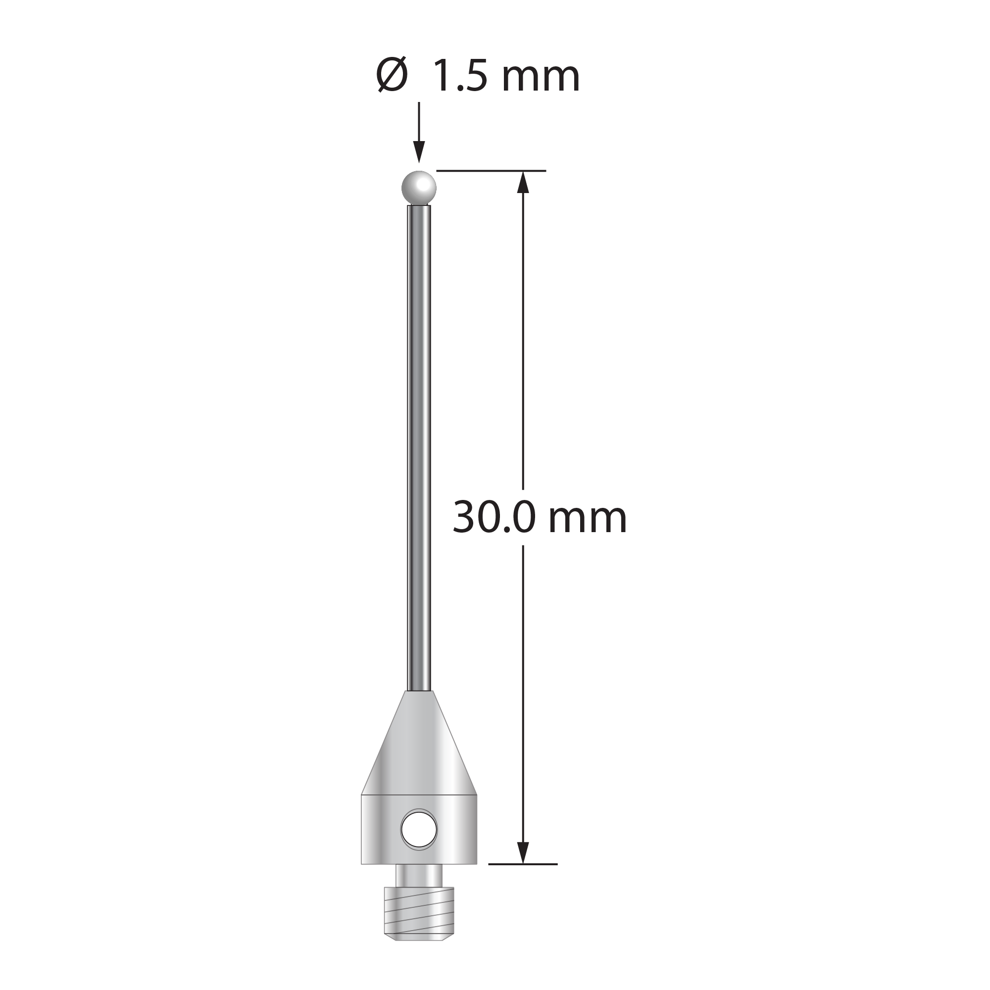 M3 XXT stylus with 1.5 mm diameter zirconia ball, 1.0 mm diameter carbide stem, and 5.0 mm diameter x 7.5 mm long titanium base. Overall stylus length is 30.0 mm. Stylus weight is 0.85 gram.