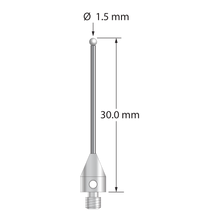 M3 XXT stylus with 1.5 mm diameter zirconia ball, 1.0 mm diameter carbide stem, and 5.0 mm diameter x 7.5 mm long titanium base. Overall stylus length is 30.0 mm. Stylus weight is 0.85 gram.