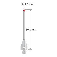 M3 XXT stylus with 1.5 mm diameter ruby ball, 1.0 mm diameter carbide stem, and 5.0 mm diameter x 7.5 mm long titanium base. Overall stylus length is 30.0 mm. Stylus weight is 0.85 gram. Compare to Zeiss 626113-0150-030.
