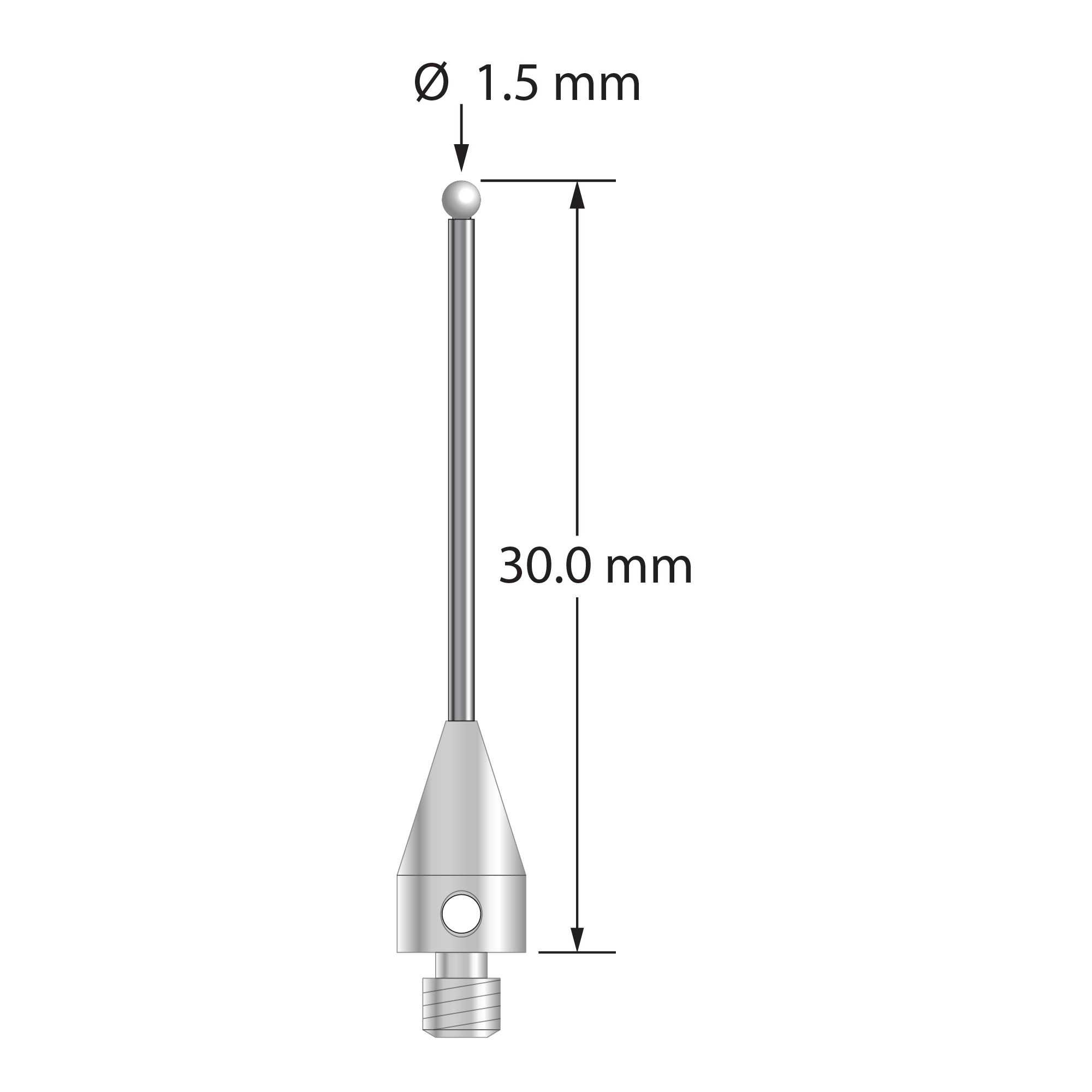 M3 XXT stylus with 1.5 mm diameter zirconia ball, 1.0 mm diameter carbide stem, and 5.0 mm diameter x 9.0 mm long titanium base. Overall stylus length is 30.0 mm. Stylus weight is 0.75 gram.