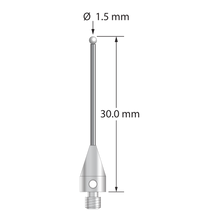 M3 XXT stylus with 1.5 mm diameter zirconia ball, 1.0 mm diameter carbide stem, and 5.0 mm diameter x 9.0 mm long titanium base. Overall stylus length is 30.0 mm. Stylus weight is 0.75 gram.