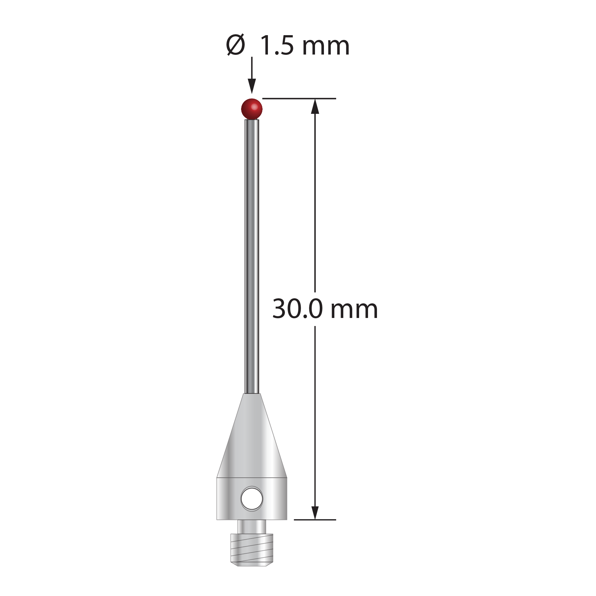 M3 XXT stylus with 1.5 mm diameter ruby ball, 1.0 mm diameter carbide stem, and 5.0 mm diameter x 9.0 mm long titanium base. Overall stylus length is 30.0 mm. Stylus weight is 0.75 gram. Compare to Zeiss 626113-0151-030.