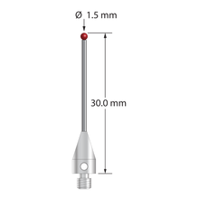 M3 XXT stylus with 1.5 mm diameter ruby ball, 1.0 mm diameter carbide stem, and 5.0 mm diameter x 9.0 mm long titanium base. Overall stylus length is 30.0 mm. Stylus weight is 0.75 gram. Compare to Zeiss 626113-0151-030.
