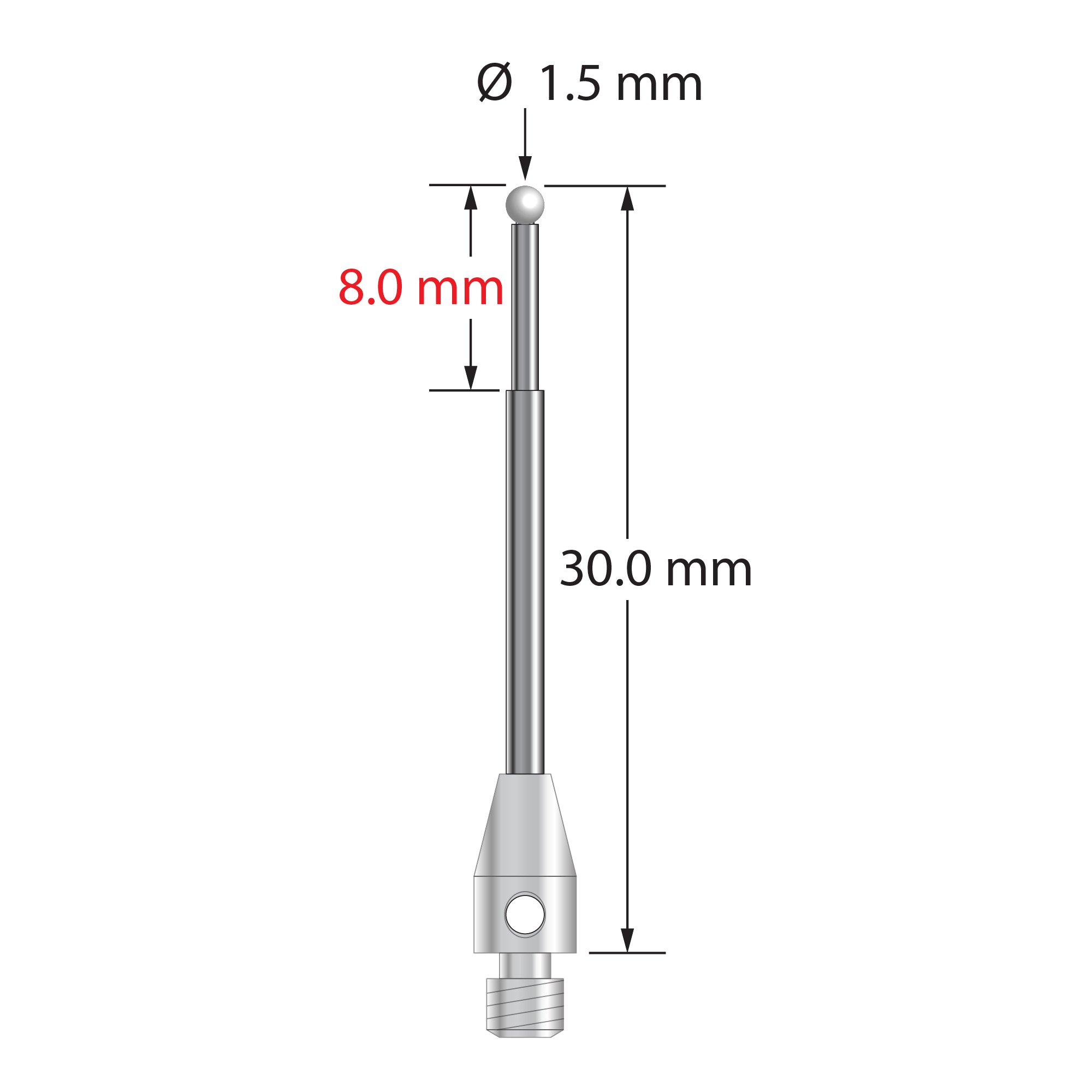 M3 stylus with 1.5 mm diameter zirconia ball, stepped carbide stem, and 4.0 mm diameter x 8.0 mm long stainless steel base. Minor stem diameter is 1.0 mm; major stem diameter is 1.5 mm. Overall stylus length is 30.0 mm. Stylus weight is 0.90 gram.