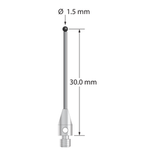 M3 stylus with 1.5 mm diameter silicon nitride ball, 1.0 mm diameter carbide stem, and 4.0 mm diameter x 7.5 mm long stainless steel base. Stylus length to ball center is 30.0 mm. Stylus weight is 0.90 gram. Compare to Renishaw A-5003-8091.
