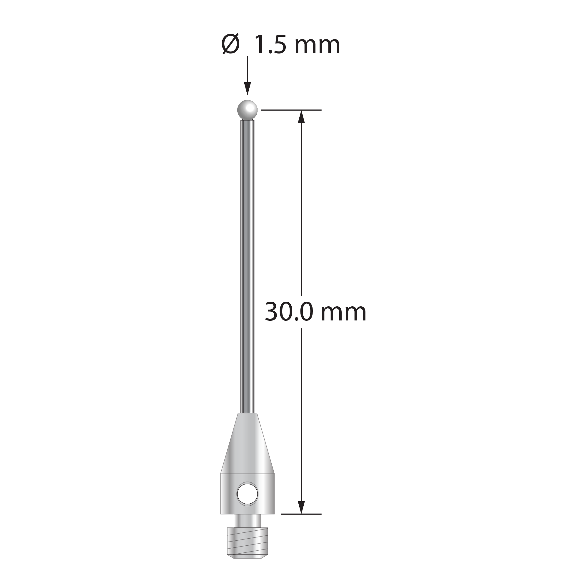 M3 stylus with 1.5 mm diameter zirconia ball, 1.0 mm diameter carbide stem, and 4.0 mm diameter x 7.5 mm long stainless steel base. Stylus length to ball center is 30.0 mm. Stylus weight is 0.90 gram.