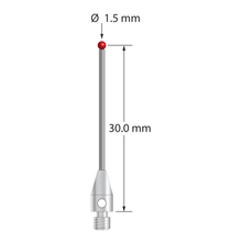 M3 stylus with 1.5 mm diameter ruby ball, 1.0 mm diameter carbide stem, and 4.0 mm diameter x 7.5 mm long stainless steel base. Stylus length to ball center is 30.0 mm. Stylus weight is 0.90 gram. Compare to Renishaw A-5003-0051 and Mitutoyo K651119.
