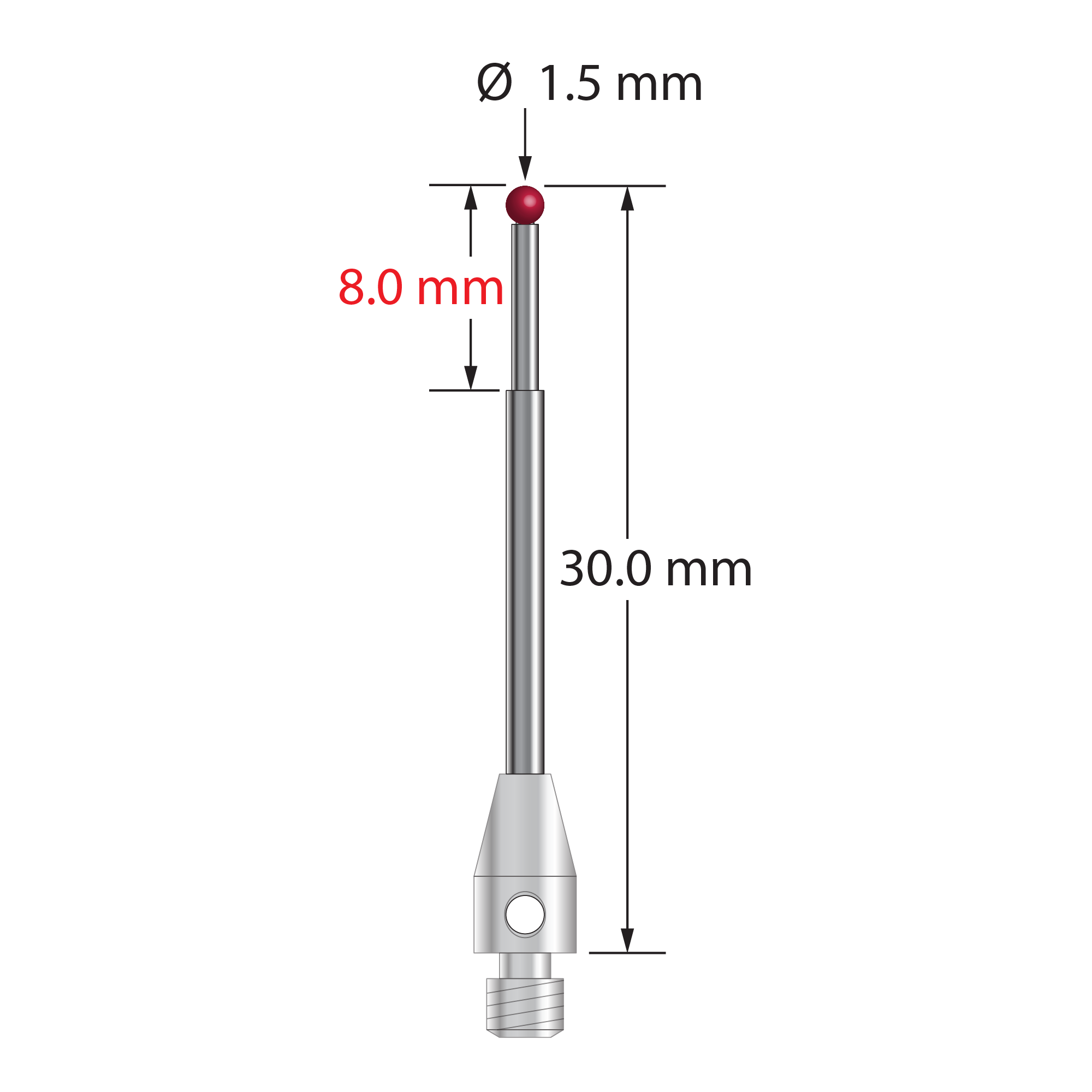 M3 stylus with 1.5 mm diameter ruby ball, stepped carbide stem, and 4.0 mm diameter x 8.0 mm long stainless steel base. Minor stem diameter is 1.0 mm; major stem diameter is 1.5 mm. Overall stylus length is 30.0 mm. Stylus weight is 0.90 gram.