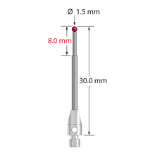 M3 stylus with 1.5 mm diameter ruby ball, stepped carbide stem, and 4.0 mm diameter x 8.0 mm long stainless steel base. Minor stem diameter is 1.0 mm; major stem diameter is 1.5 mm. Overall stylus length is 30.0 mm. Stylus weight is 0.90 gram.