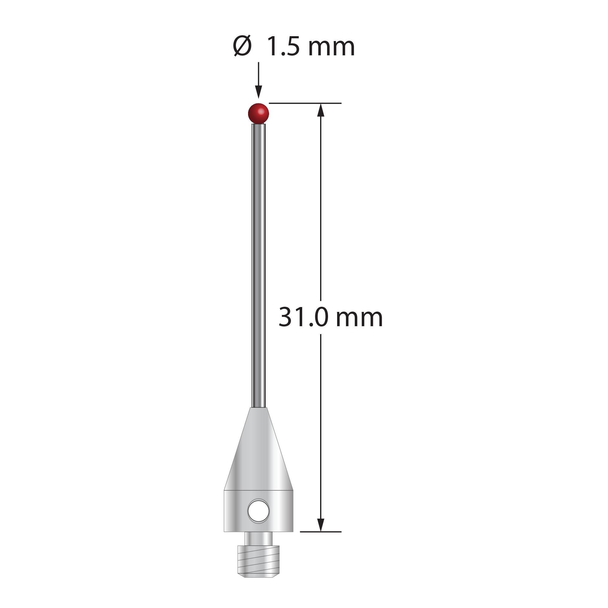 M3 XXT stylus with 1.5 mm diameter ruby ball, 1.0 mm diameter carbide stem, and 5.0 mm diameter x 9.0 mm long titanium base. Overall stylus length is 31.0 mm. Stylus weight is 0.76 gram. Compare to Zeiss 626103-0144-031.