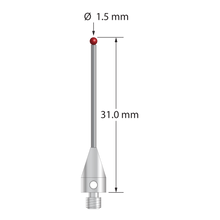 M3 XXT stylus with 1.5 mm diameter ruby ball, 1.0 mm diameter carbide stem, and 5.0 mm diameter x 9.0 mm long titanium base. Overall stylus length is 31.0 mm. Stylus weight is 0.76 gram. Compare to Zeiss 626103-0144-031.