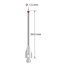 M3 XXT stylus with 1.5 mm diameter ruby ball, 1.0 mm diameter carbide stem, and 5.0 mm diameter x 9.0 mm long titanium base. Overall stylus length is 35.0 mm. Stylus weight is 0.79 gram. Compare to Zeiss 626103-0144-034.