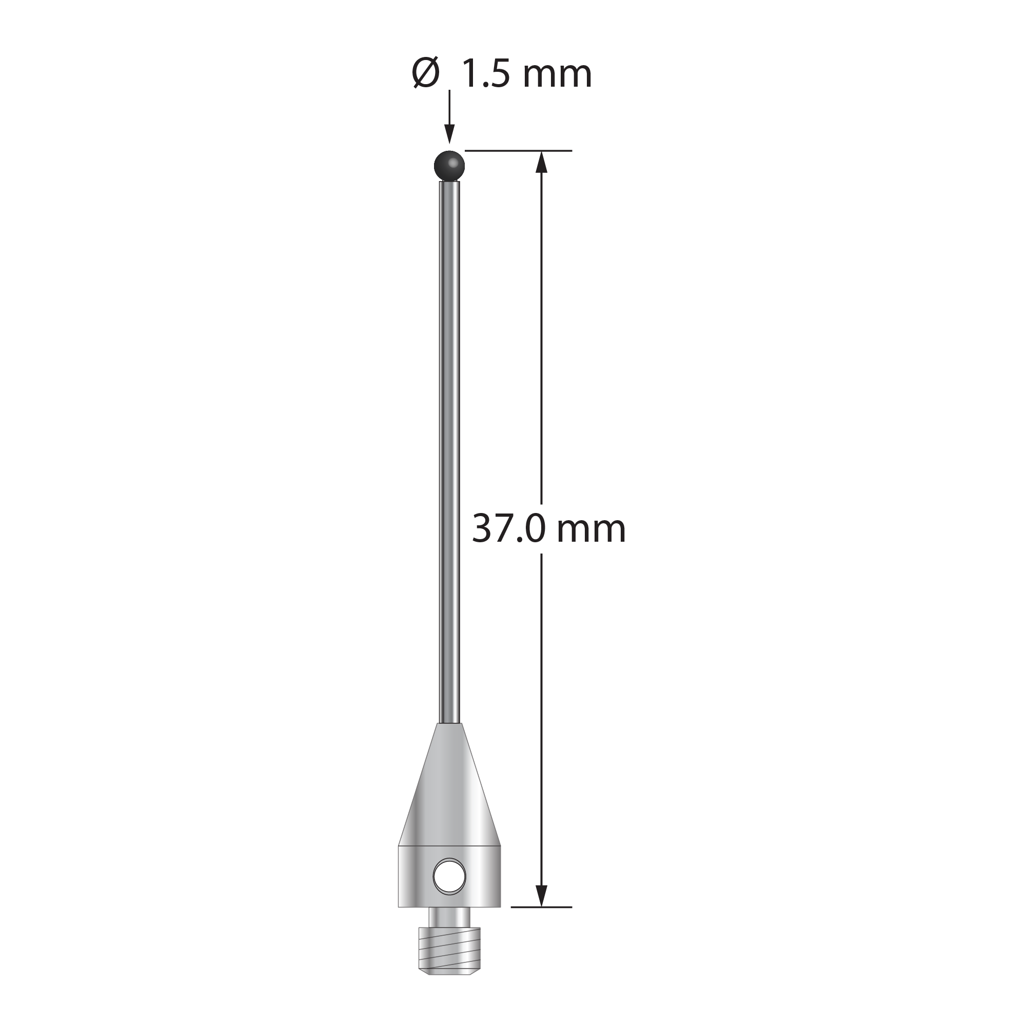 M3 XXT stylus with 1.5 mm diameter silicon nitride ball, 1.0 mm diameter carbide stem, and 5.0 mm diameter x 9.0 mm long titanium base. Overall stylus length is 35.0 mm. Stylus weight is 0.87 gram. Compare to Zeiss 626103-0145-037.
