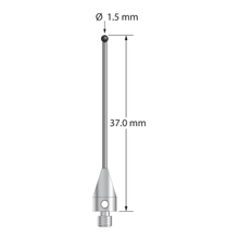 M3 XXT stylus with 1.5 mm diameter silicon nitride ball, 1.0 mm diameter carbide stem, and 5.0 mm diameter x 9.0 mm long titanium base. Overall stylus length is 35.0 mm. Stylus weight is 0.87 gram. Compare to Zeiss 626103-0145-037.