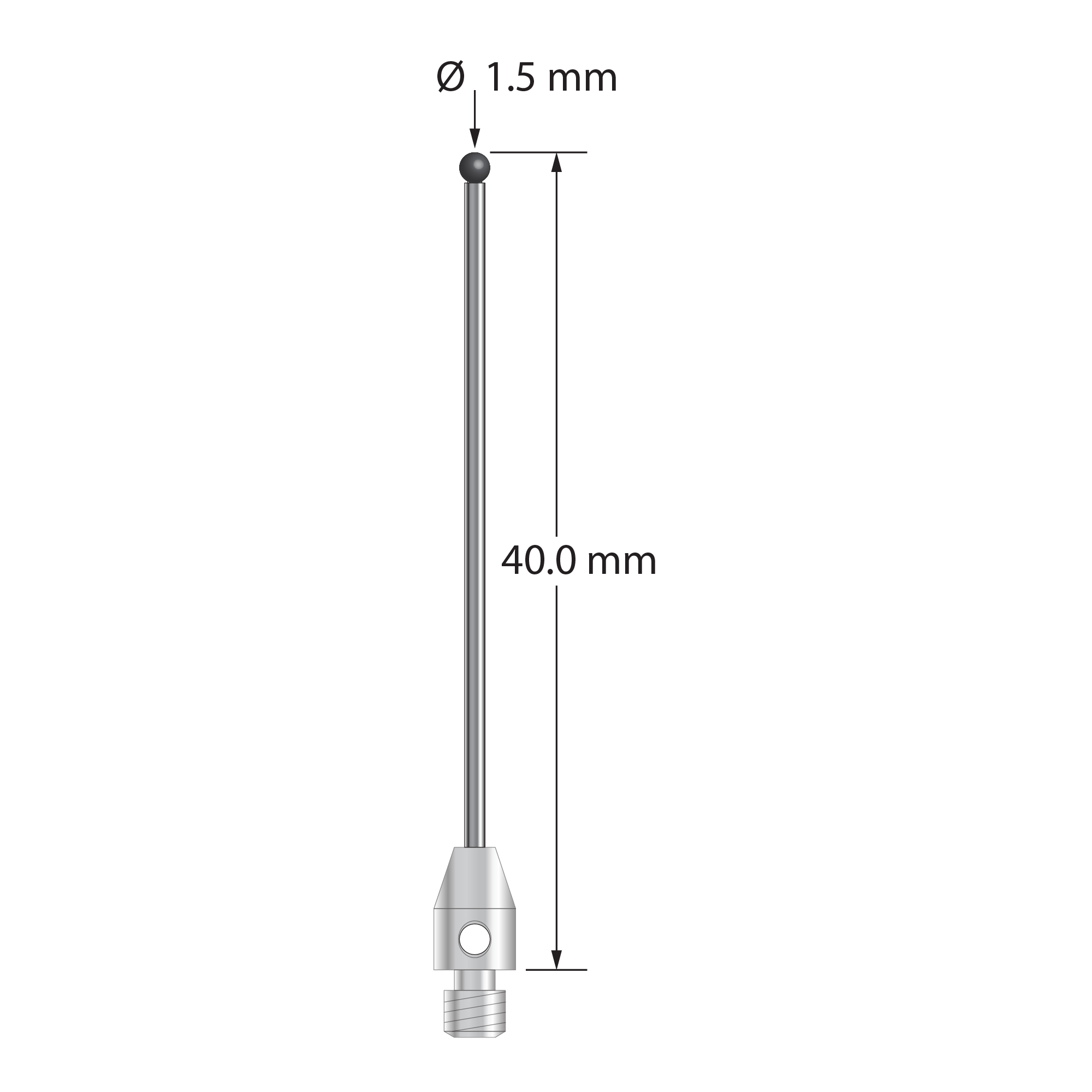 M3 stylus with 1.5 mm diameter silicon nitride ball, 1.0 mm diameter carbide stem, and 4.0 mm diameter x 6.0 mm long stainless steel base. Overall stylus length is 40.0 mm. Stylus weight is 0.89 gram. Compare to Zeiss 626113-0153-040.