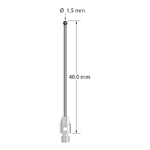 M3 stylus with 1.5 mm diameter silicon nitride ball, 1.0 mm diameter carbide stem, and 4.0 mm diameter x 6.0 mm long stainless steel base. Overall stylus length is 40.0 mm. Stylus weight is 0.89 gram. Compare to Zeiss 626113-0153-040.