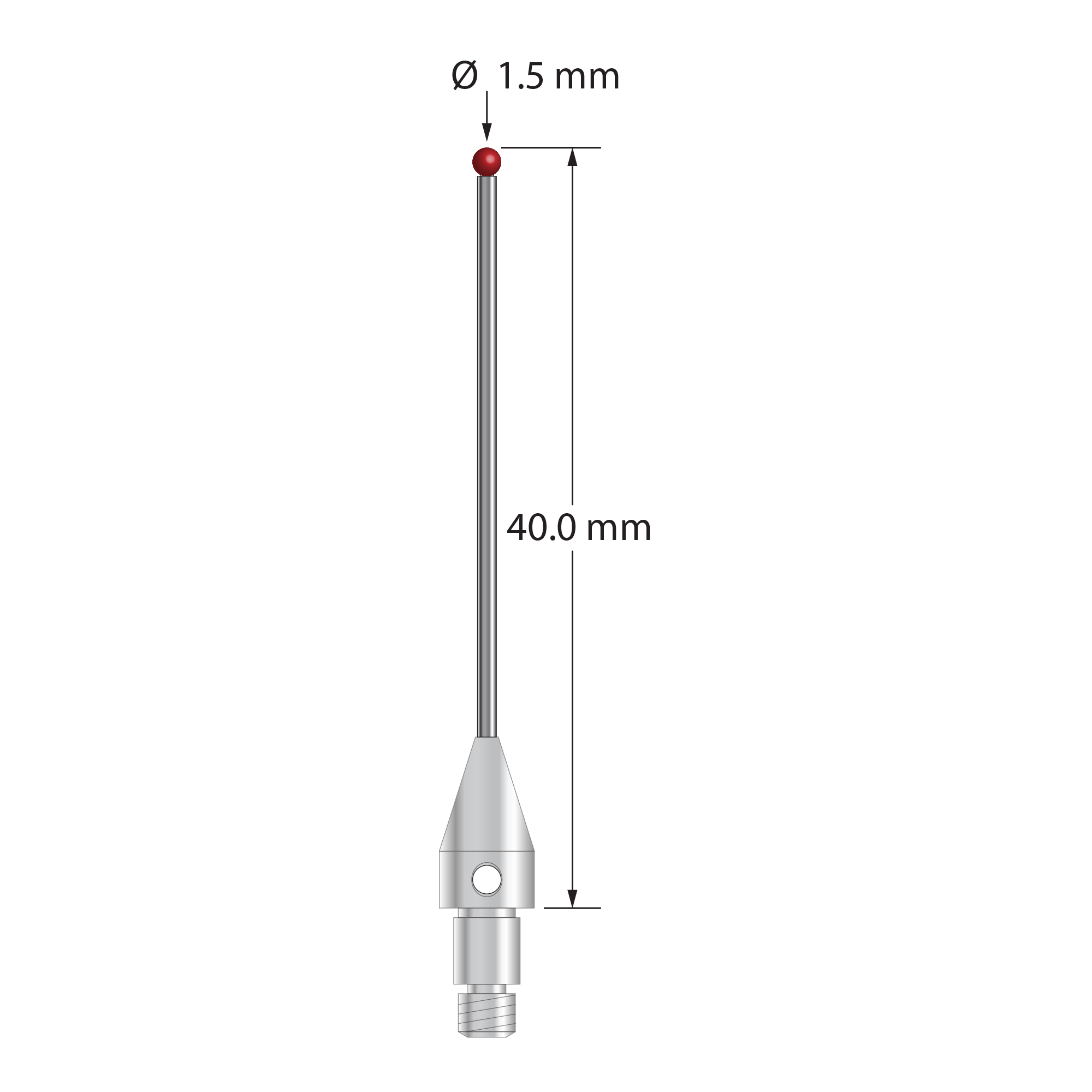 M3 XXT clamp screw stylus with 1.5 mm diameter ruby ball, 1.0 mm diameter carbide stem, and 5.0 mm diameter x 9.0 mm long titanium base. Overall stylus length is 40.0 mm. Stylus weight is 1.14 grams. Compare to Zeiss 626113-0150-040.