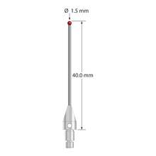 M3 XXT clamp screw stylus with 1.5 mm diameter ruby ball, 1.0 mm diameter carbide stem, and 5.0 mm diameter x 9.0 mm long titanium base. Overall stylus length is 40.0 mm. Stylus weight is 1.14 grams. Compare to Zeiss 626113-0150-040.