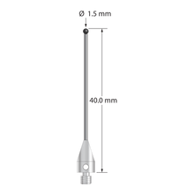 M3 XXT stylus with 1.5 mm diameter silicon nitride ball, 1.0 mm diameter carbide stem, and 5.0 mm diameter x 9.0 mm long titanium base. Overall stylus length is 40.0 mm. Stylus weight is 0.86 gram. Compare to Zeiss 626113-0152-040.