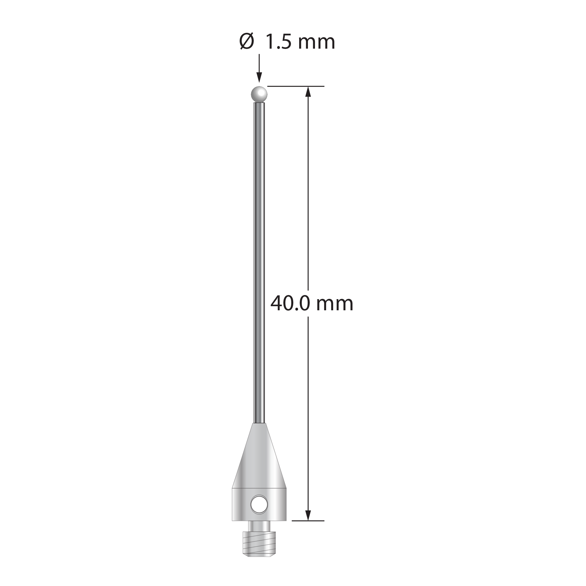 M3 XXT stylus with 1.5 mm diameter zirconia ball, 1.0 mm diameter carbide stem, and 5.0 mm diameter x 9.0 mm long titanium base. Overall stylus length is 40.0 mm. Stylus weight is 0.86 gram.