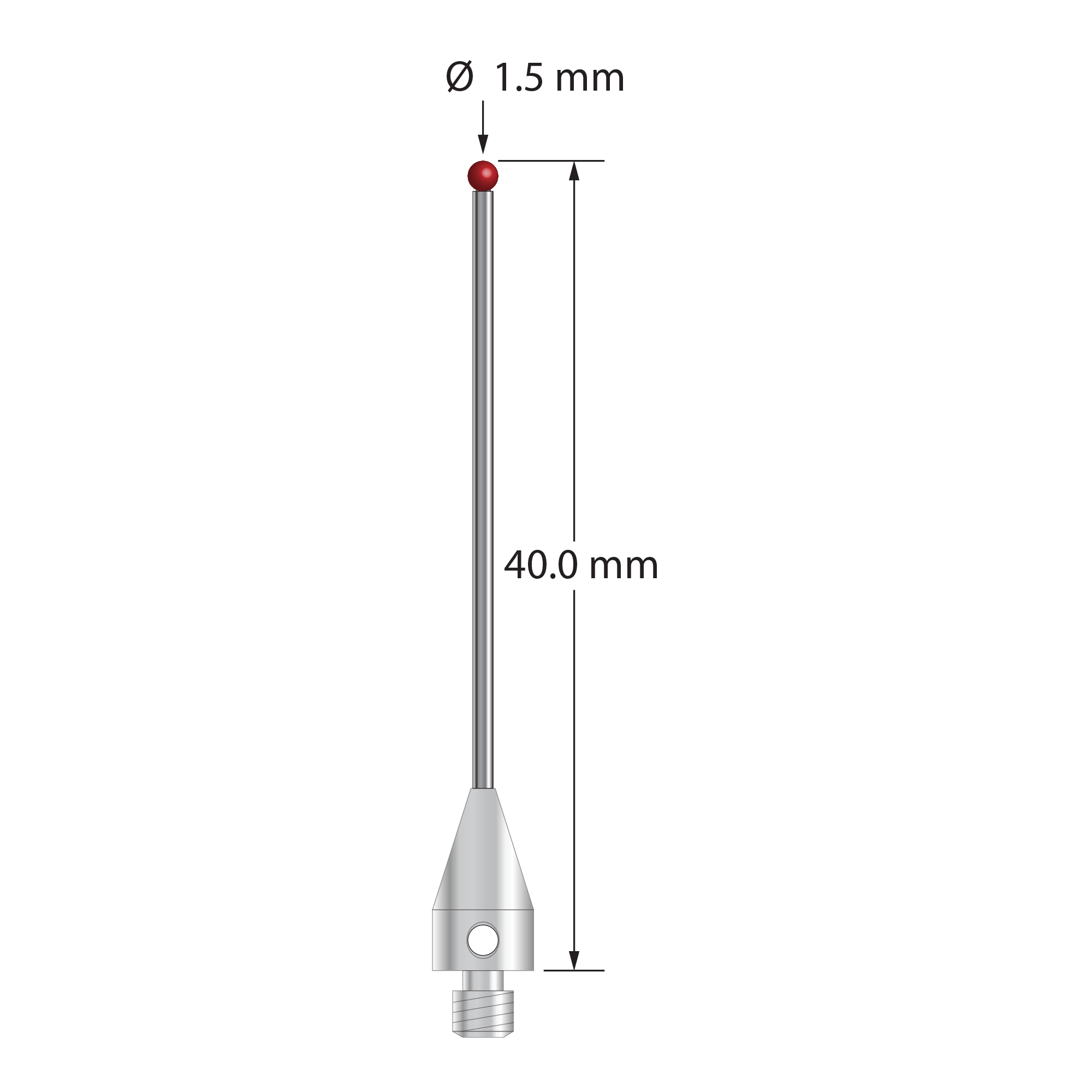 M3 stylus with 1.5 mm diameter ruby ball, 1.0 mm diameter carbide stem, and 5.0 mm diameter x 9.0 mm long titanium base. Overall stylus length is 40.0 mm. Stylus weight is 0.86 gram. Compare to Zeiss 626113-0151-040.
