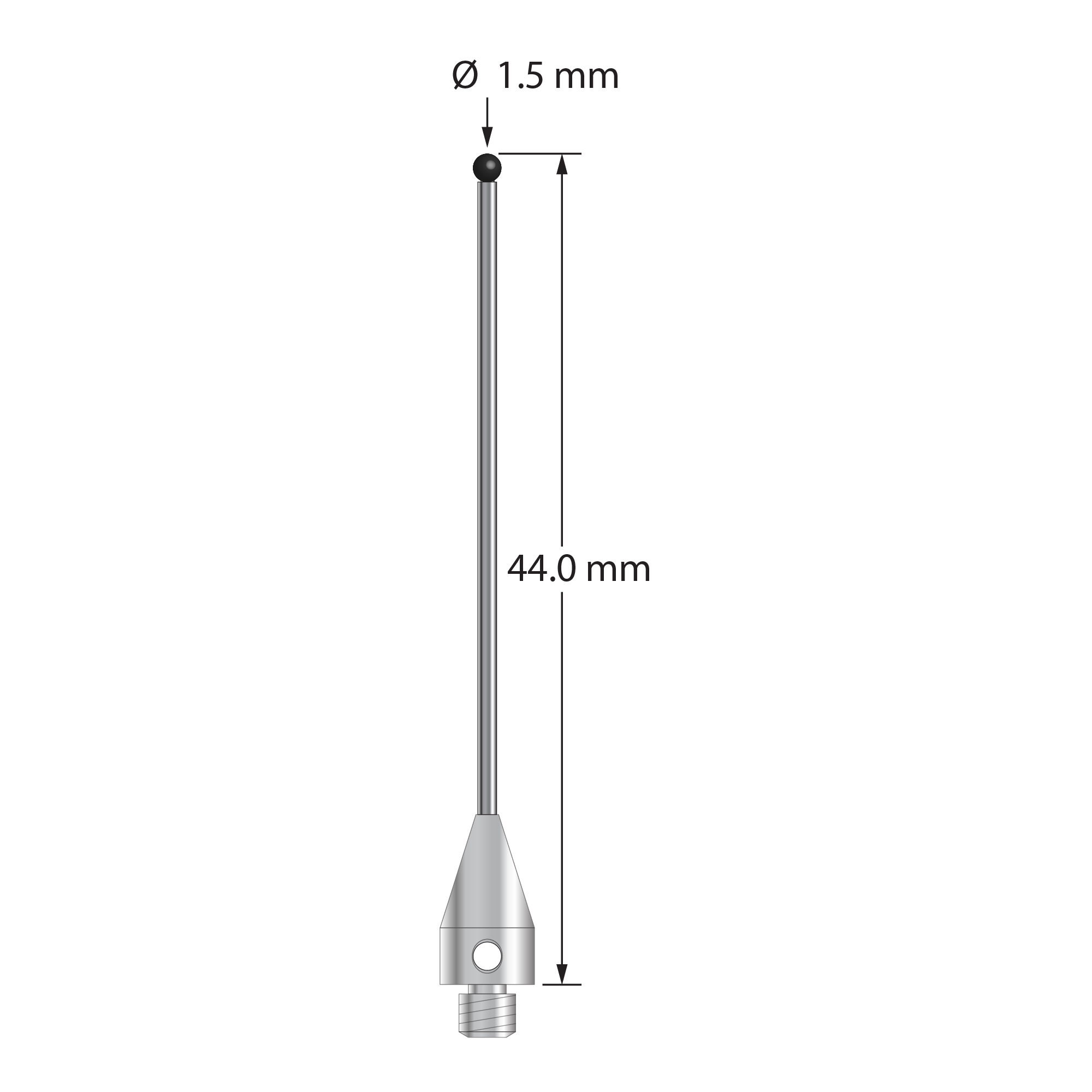 TM3-1544-TX-SN M3 stylus with 1.5mm silicon nitride ball, carbide stem, and titanium base, 44mm long.