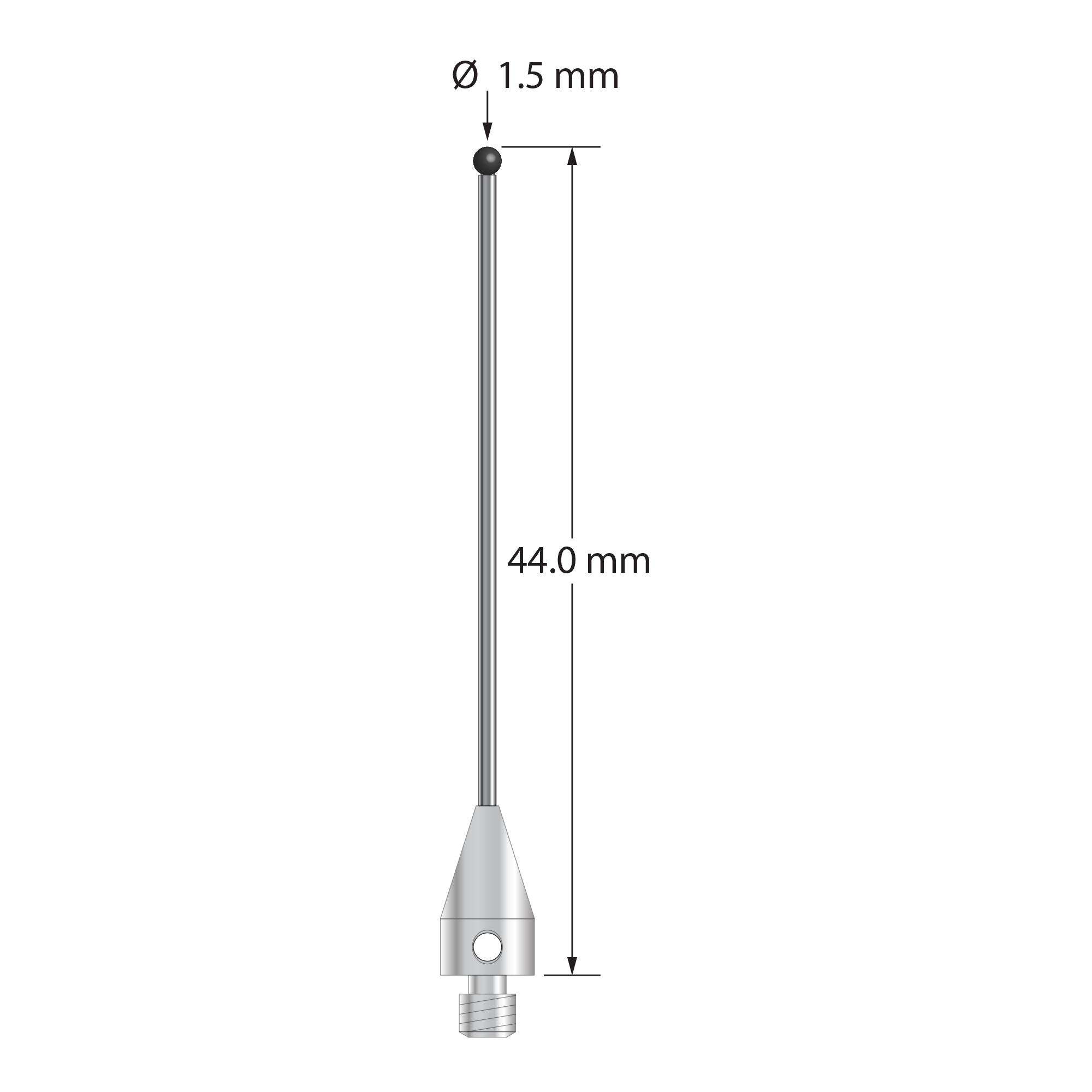 M3 XXT stylus with 1.5 mm diameter silicon nitride ball, 1.0 mm diameter carbide stem, and 5.0 mm diameter x 9.0 mm long titanium base. Overall stylus length is 44.0 mm. Stylus weight is 0.90 gram.
