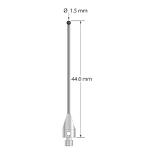M3 XXT stylus with 1.5 mm diameter silicon nitride ball, 1.0 mm diameter carbide stem, and 5.0 mm diameter x 9.0 mm long titanium base. Overall stylus length is 44.0 mm. Stylus weight is 0.90 gram.