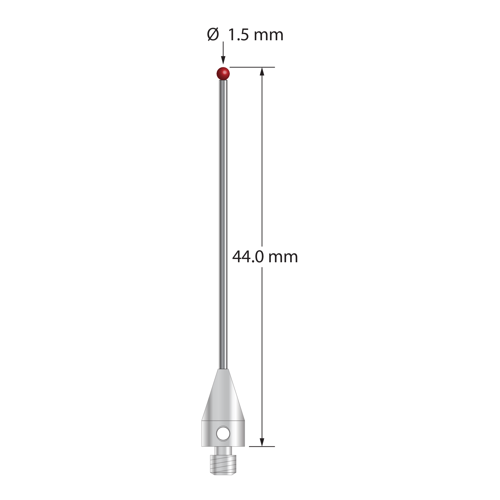 M3 XXT stylus with 1.5 mm diameter ruby ball, 1.0 mm diameter carbide stem, and 5.0 mm diameter x 9.0 mm long titanium base. Overall stylus length is 44.0 mm. Stylus weight is 0.90 gram. Compare to Zeiss 626103-0144-044.