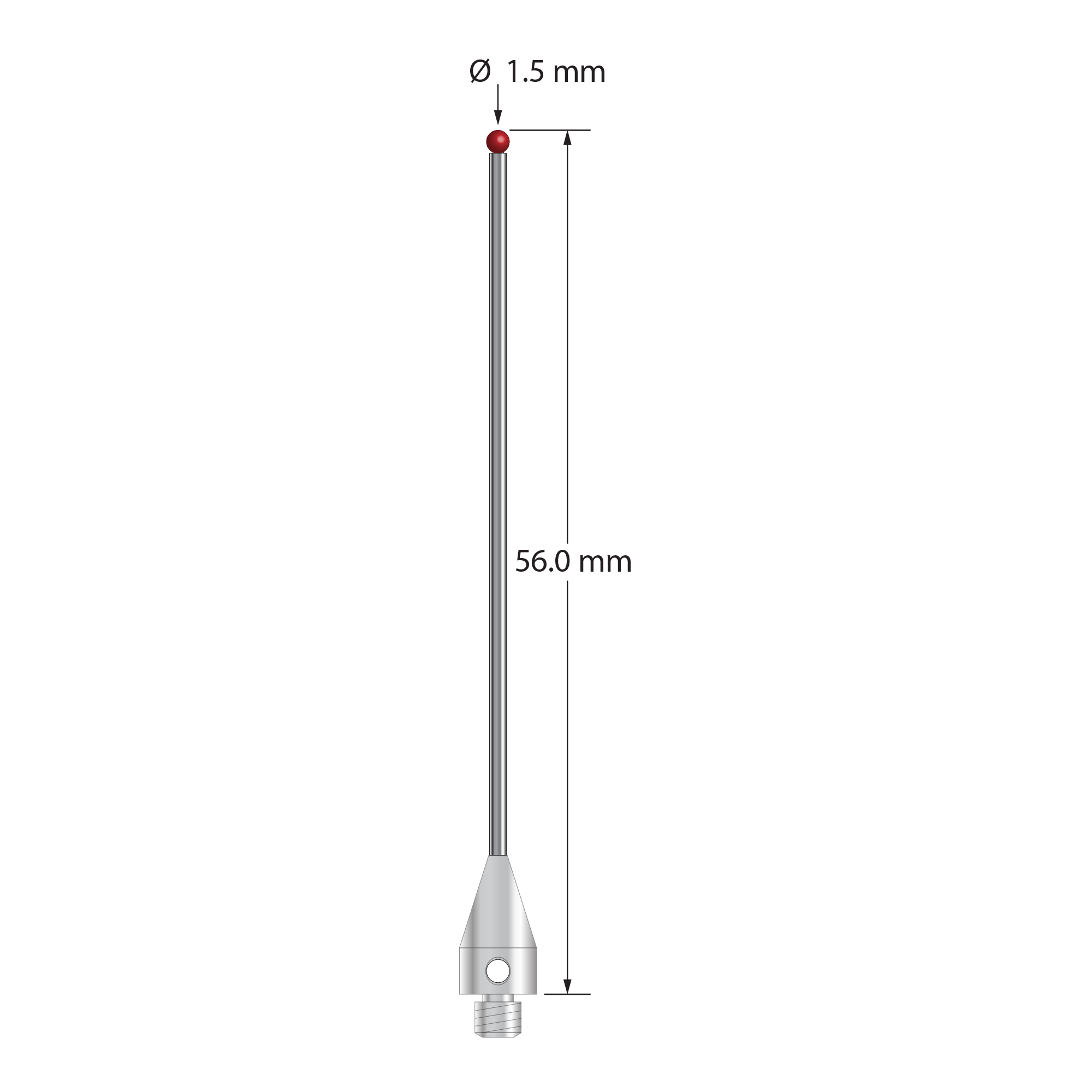 M3 XXT stylus with 1.5 mm diameter ruby ball, 1.0 mm diameter carbide stem, and 5.0 mm diameter x 9.0 mm long titanium base. Overall stylus length is 56.0 mm. Stylus weight is 1.04 grams. Compare to Zeiss 626103-0144-056.