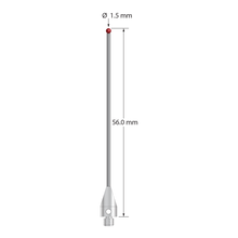 M3 XXT stylus with 1.5 mm diameter ruby ball, 1.0 mm diameter carbide stem, and 5.0 mm diameter x 9.0 mm long titanium base. Overall stylus length is 56.0 mm. Stylus weight is 1.04 grams. Compare to Zeiss 626103-0144-056.